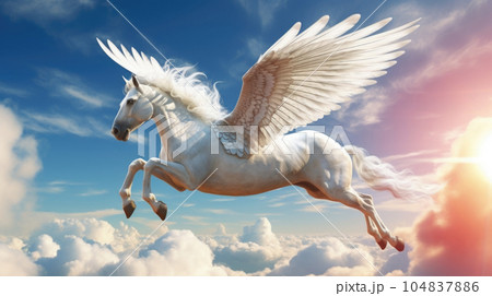 A mystical and powerful pegasus with iridescent wings, surrounded by a celestial glow, symbolizing the connection between the earthly and the divine. sunlight AI generated A mystical and powerful pegasus with iridescent wings, surrounded by a celestial glow, symbolizing the connection between the earthly and the divine. sunlight AI generated 104837886