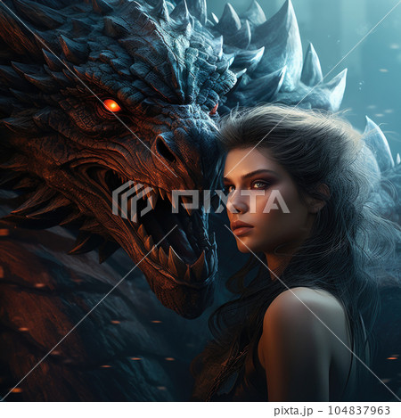 Amidst a world of fantasy, a fearless female protagonist forms an unbreakable bond with a legendary dragon. AI generated 104837963