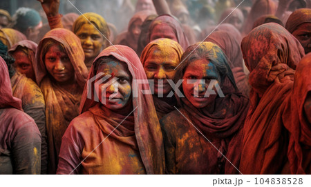 a crowd of people at the festival of Holi, portrait. AI generated 104838528