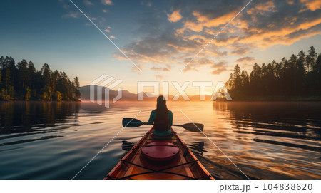 Serene kayak journey for a woman, finding solace and relaxation on the open waters. AI generated 104838620