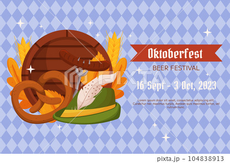 Oktoberfest German beer festival background. Design with Tyrolean hat, fork with grilled sausage, pretzel, wooden barrel, wheat and leaves. Light blue rhombus pattern 104838913