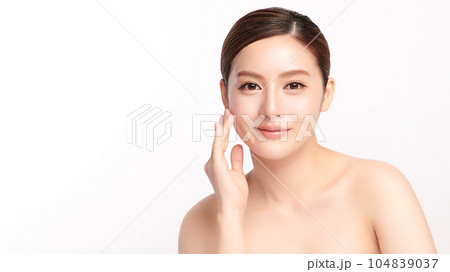 Beautiful young asian woman with clean fresh skin on white background, Face care, Facial treatment, Cosmetology, beauty and spa, Asian women portrait. Beautiful young asian woman with clean fresh skin on white background, Face care, Facial treatment, Cosmetology, beauty and spa, Asian women portrait. 104839037