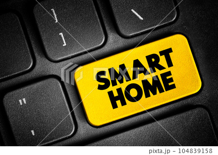 Smart Home - home automation system with monitor and control home attributes through one central point, text concept button on keyboard 104839158