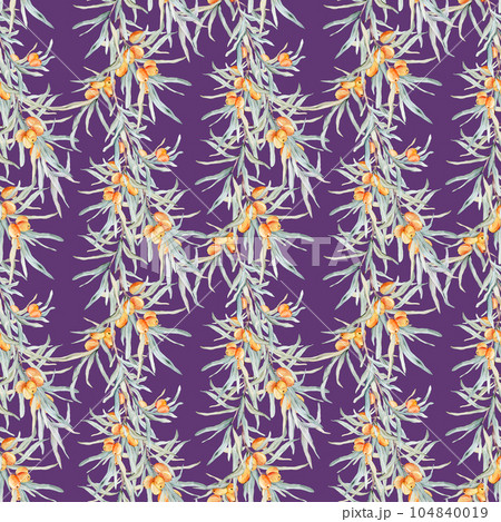 Pattern with orange sea buckthorn. Sea buckthorn for healthy life and design background. Hand painted. Botanical natural. Seamless pattern, an illustration for postcards, posters, textile design. 104840019