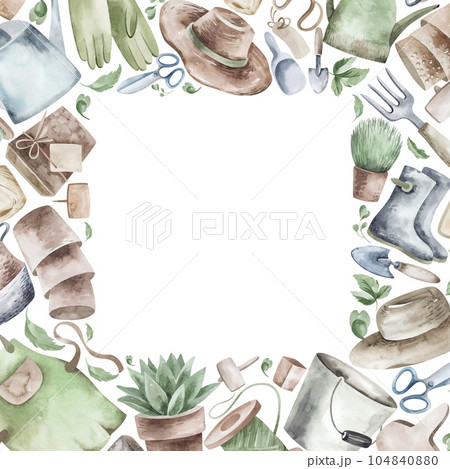 Watercolor set of frames with garden tools, flowers, herbs, plants. Garden equipment banner or party invitation. 104840880