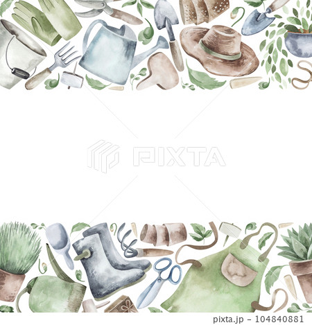 Watercolor set of frames with garden tools, flowers, herbs, plants. Garden equipment banner or party invitation. Watercolor set of frames with garden tools, flowers, herbs, plants. Garden equipment banner or party invitation. 104840881