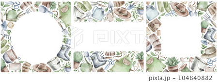 Watercolor set of frames with garden tools, flowers, herbs, plants. Garden equipment banner or party invitation. Watercolor set of frames with garden tools, flowers, herbs, plants. Garden equipment banner or party invitation. 104840882