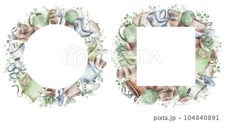 Watercolor set of frames with garden tools, flowers, herbs, plants. Garden equipment banner or party invitation. Watercolor set of frames with garden tools, flowers, herbs, plants. Garden equipment banner or party invitation. 104840891