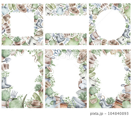 Watercolor set of frames with garden tools, flowers, herbs, plants. Garden equipment banner or party invitation. 104840893