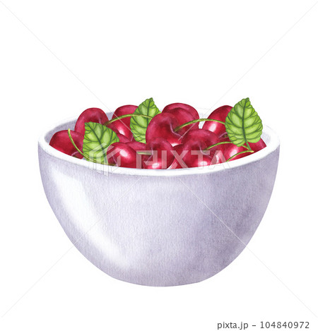 Red juicy cherry berries, bowl. Healthy diet. Hand drawn watercolor illustration isolated on white background. Design element for bar and restaurant menu, recipes Red juicy cherry berries, bowl. Healthy diet. Hand drawn watercolor illustration isolated on white background. Design element for bar and restaurant menu, recipes 104840972