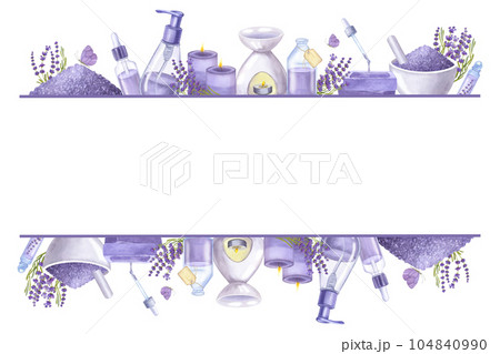 Banner violet lavender flowers, essential oil, cosmetics bottles, soap. Hand drawn watercolor illustration isolated on white background. For cosmetics packaging, beauty magazines, logo Banner violet lavender flowers, essential oil, cosmetics bottles, soap. Hand drawn watercolor illustration isolated on white background. For cosmetics packaging, beauty magazines, logo 104840990