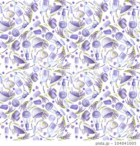 Seamless pattern lavender flowers, essential oil, cosmetics bottles, soap, heart. Hand drawn watercolor illustration isolated on white background. For cosmetics packaging, beauty magazines 104841005