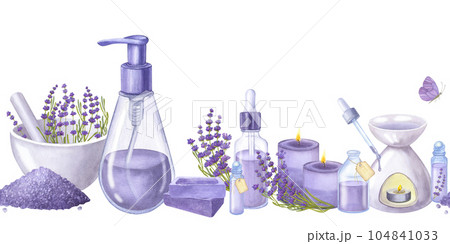 Seamless banner violet lavender flowers, essential oil, cosmetics bottles, soap. Hand drawn watercolor illustration isolated on white background. For cosmetics packaging, beauty magazines, logo Seamless banner violet lavender flowers, essential oil, cosmetics bottles, soap. Hand drawn watercolor illustration isolated on white background. For cosmetics packaging, beauty magazines, logo 104841033