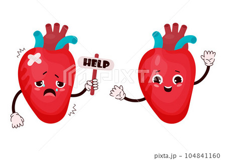 Cute cartoon heart with different emotions. Happy human organ character and sad sick crying and asking for help. Vector illustration. Mascot in cartoon style isolated on white background Cute cartoon heart with different emotions. Happy human organ character and sad sick crying and asking for help. Vector illustration. Mascot in cartoon style isolated on white background 104841160