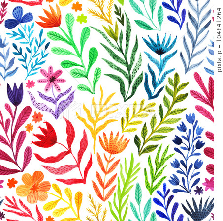 Watercolor floral seamless pattern, summer backdrop. Colorful endless botanical wallpaper, rainbow colors. 104841264