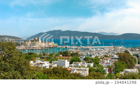 Panoramic view of Bodrum city, Turkey and Saint Peter Castle and marina 104841298