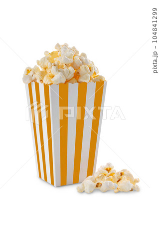 Yellow white striped carton bucket with tasty cheese popcorn, isolated on white background 104841299
