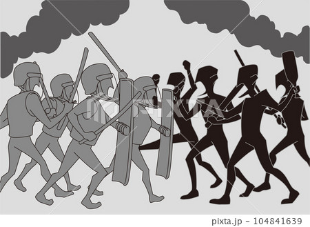 抗議デモ隊と衝突する武装した警官隊 104841639