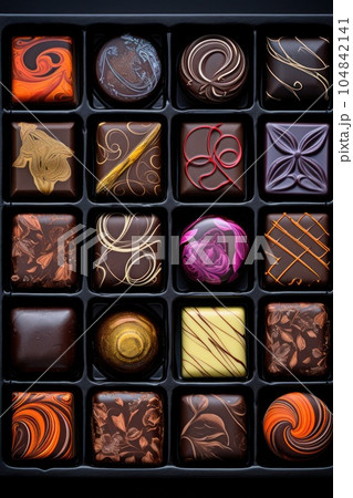 Chocolate boxes in colorful designs with many different kinds of dark chocolate Illustration AI Generative 104842141