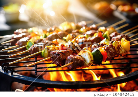 Barbecue party in backyard blurred background Barbecue party in backyard blurred background 104842415