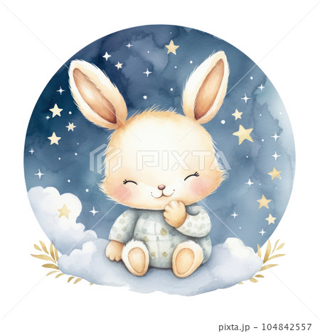 Cute watercolor baby good night bunny on moonのイラスト Cute watercolor baby good night bunny on moonのイラスト