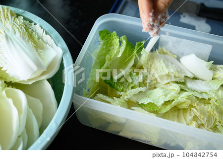 Kimchi cabbage cooking, Soaking cabbage with salt, Korean homemade Kimchi cabbage cooking, Soaking cabbage with salt, Korean homemade 104842754