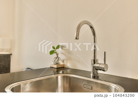 a kitchen sink with a green plant in the fauced on it's side splash mixer and water running down the drain 104843200