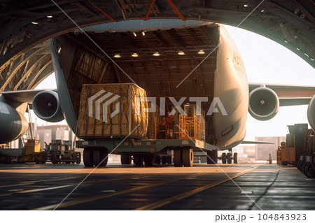 Loading transport aircraft in the hangar of cargo terminal. Large bales on the trolley ready for loading into the aircraft open cargo hold. Global freight transportation concept. 3D illustration. 104843923