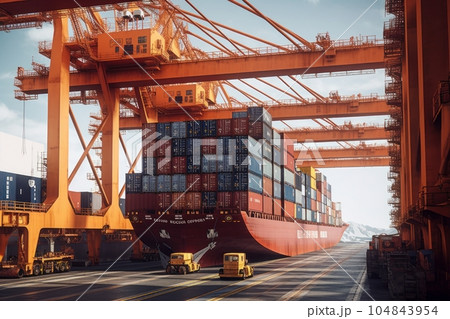 Port cargo terminal, transport hub. Huge industrial cranes loading containers on board a cargo ship and stack them evenly. Global freight transport and logistics concept. 3D illustration. Port cargo terminal, transport hub. Huge industrial cranes loading containers on board a cargo ship and stack them evenly. Global freight transport and logistics concept. 3D illustration. 104843954