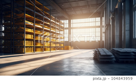 Large industrial warehouse. High racks filled with boxes and containers. Boxes on pallets in the sorting area. Daylight fills the room through the windows. Global logistics concept. 3D illustration. Large industrial warehouse. High racks filled with boxes and containers. Boxes on pallets in the sorting area. Daylight fills the room through the windows. Global logistics concept. 3D illustration. 104843959