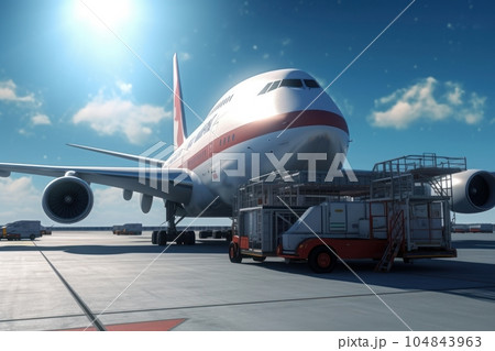 Loading a cargo plane at the airport. A cargo trolley delivering cargo to the jet on the airfield. Global freight transportation, airmail and logistics concept. 3D illustration. 104843963