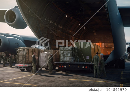 Transport aircraft in the hangar of cargo terminal. Large bales on the trolley ready for loading into the open cargo hold, employees at work. Global freight transportation concept. 3D illustration. Transport aircraft in the hangar of cargo terminal. Large bales on the trolley ready for loading into the open cargo hold, employees at work. Global freight transportation concept. 3D illustration. 104843979
