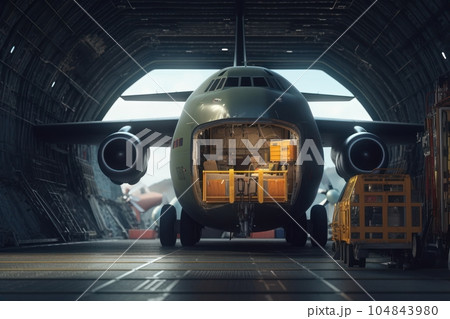 Loading transport aircraft in the hangar of cargo terminal. Inside view of the cargo hold of the aircraft during loading of large bales. Global freight transportation concept. 3D illustration. Loading transport aircraft in the hangar of cargo terminal. Inside view of the cargo hold of the aircraft during loading of large bales. Global freight transportation concept. 3D illustration. 104843980