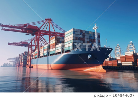 Container ship at the berth in cargo terminal of the port under loading. Port cranes load containers, place them in rows on the deck of the vessel. Global freight shipping concept. 3D illustration. 104844007