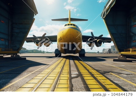 Front view from the ground of a cargo plane at the airport. Loading transport aircraft in the cargo terminal of the airport. International freight transport and logistics concept. 3D illustration. 104844179