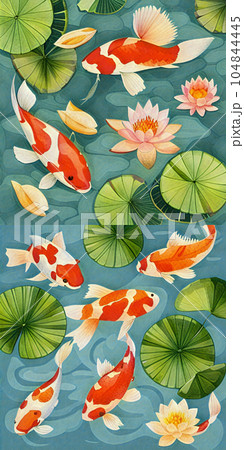 水彩画（蓮と鯉の池）