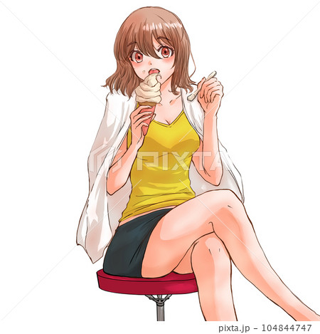 椅子に座ってアイスを食べている女性 椅子に座ってアイスを食べている女性 104844747