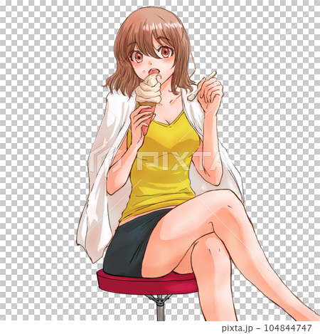 椅子に座ってアイスを食べている女性 椅子に座ってアイスを食べている女性 104844747