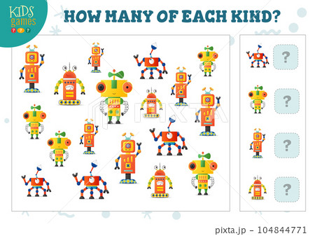 How many of each kind cartoon robot counting game for kids vector illustration How many of each kind cartoon robot counting game for kids vector illustration 104844771