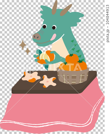 Vector illustration of a dragon happily peeling oranges under a kotatsu 104844913
