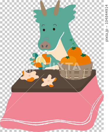 Vector illustration of a cute dragon silently peeling oranges under a kotatsu 104844914