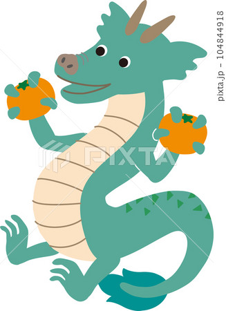 みかんを両手に持ち喜ぶ辰のかわいいポップなベクターイラスト 緑  104844918