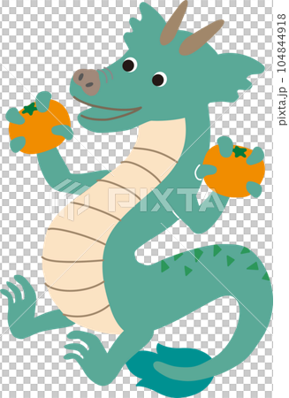 みかんを両手に持ち喜ぶ辰のかわいいポップなベクターイラスト 緑  104844918