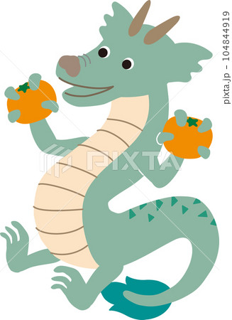 みかんを両手に持ち喜ぶ辰のかわいいポップなベクターイラスト ライトグリーン みかんを両手に持ち喜ぶ辰のかわいいポップなベクターイラスト ライトグリーン 104844919