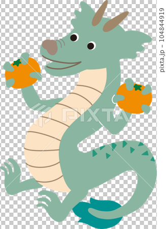 みかんを両手に持ち喜ぶ辰のかわいいポップなベクターイラスト ライトグリーン みかんを両手に持ち喜ぶ辰のかわいいポップなベクターイラスト ライトグリーン 104844919