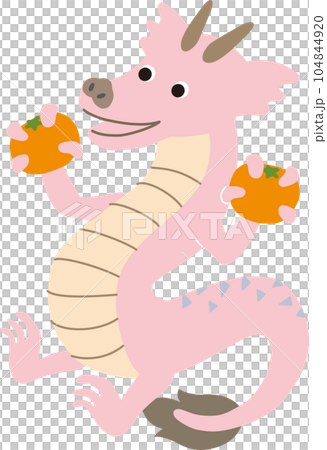 みかんを両手に持ち喜ぶ辰のかわいいポップなベクターイラスト ピンク みかんを両手に持ち喜ぶ辰のかわいいポップなベクターイラスト ピンク 104844920