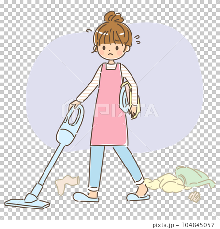 A woman busy vacuuming a messy room with a background A woman busy vacuuming a messy room with a background 104845057