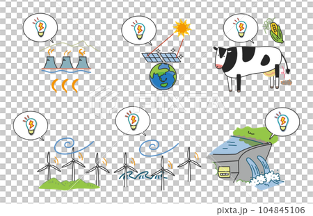 Cute illustration set for elementary school students about renewable energy Illustration material Cute illustration set for elementary school students about renewable energy Illustration material 104845106