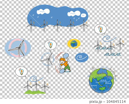 兒童的未來與可再生能源風力發電與小學生插畫素材 104845114