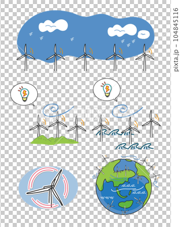 風力発電機と電気または発電について セット イラスト素材 風力発電機と電気または発電について セット イラスト素材 104845116